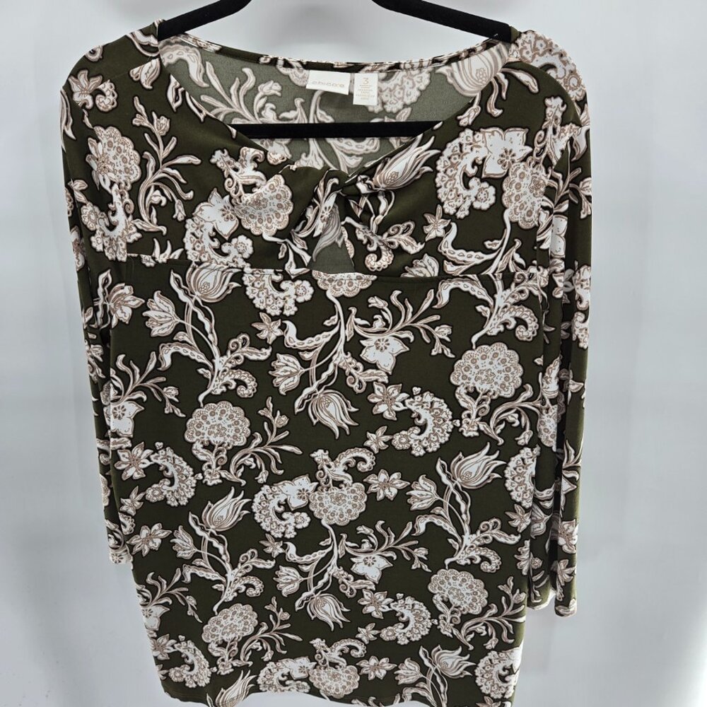 Chico's Olive Green White Cream Keyhole Floral 3/4 Sleeves Blouse Size 3/XL